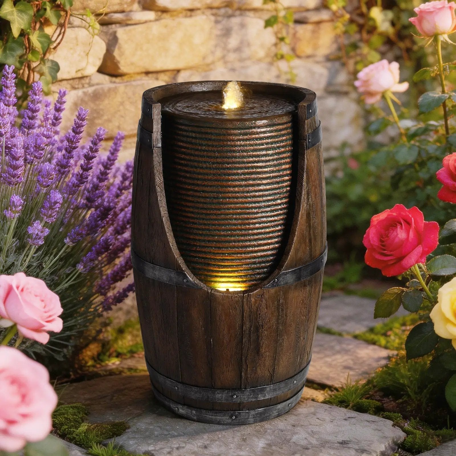 Outdoor Barrel Water Fountain with Rustic Wood Look Resin by HouseOfZazla