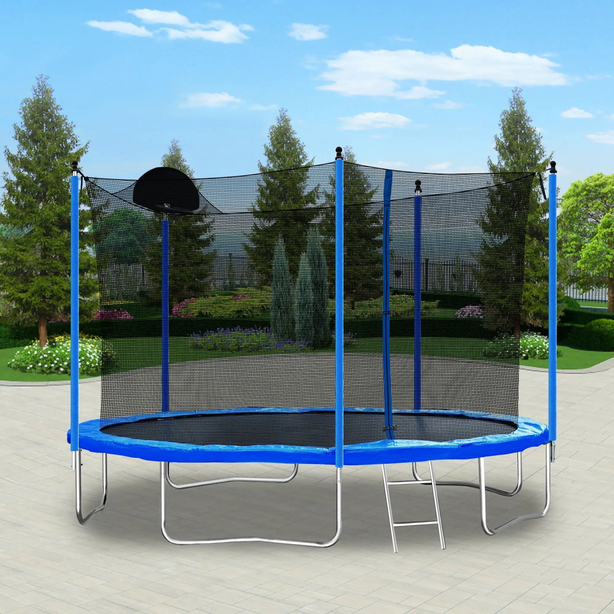 12Ft Trampoline For Adults & Kids With Basketball Hoop, Outdoor Trampolines With Ladder And Safety Enclosure Net For Kids And Adults - Blue by HouseOfZazla