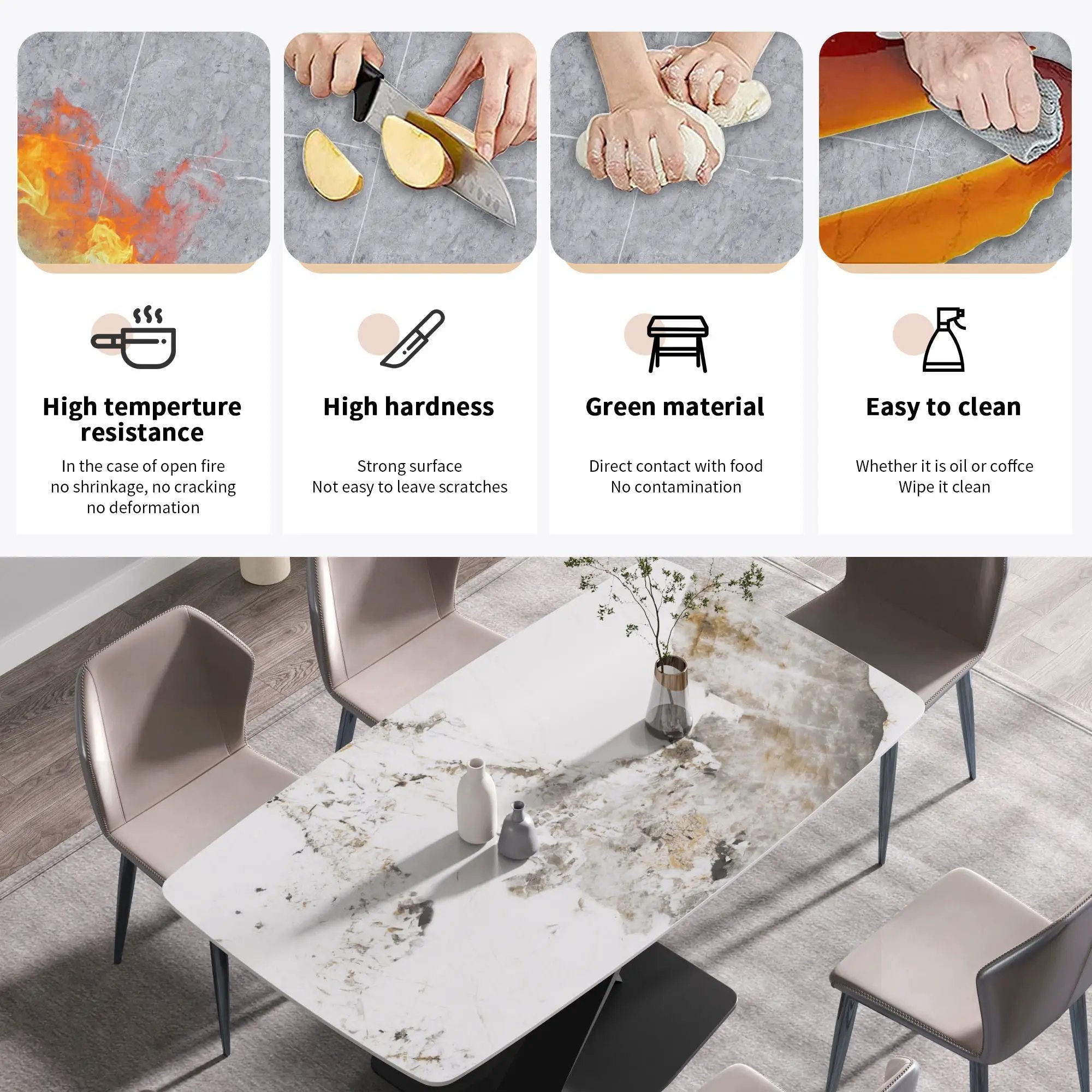 Modern Artificial Stone Pandora White Curved Metal Leg Dining Table, Can Accommodate 6-8 People - Antique White by HouseOfZazla