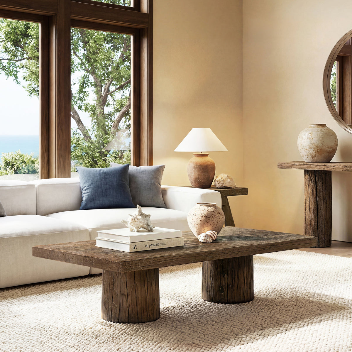 Arbor 60" Solid Reclaimed Elm Rectangular Plinth Coffee Table with Sculptural Bases - Heritage Medium-Dark