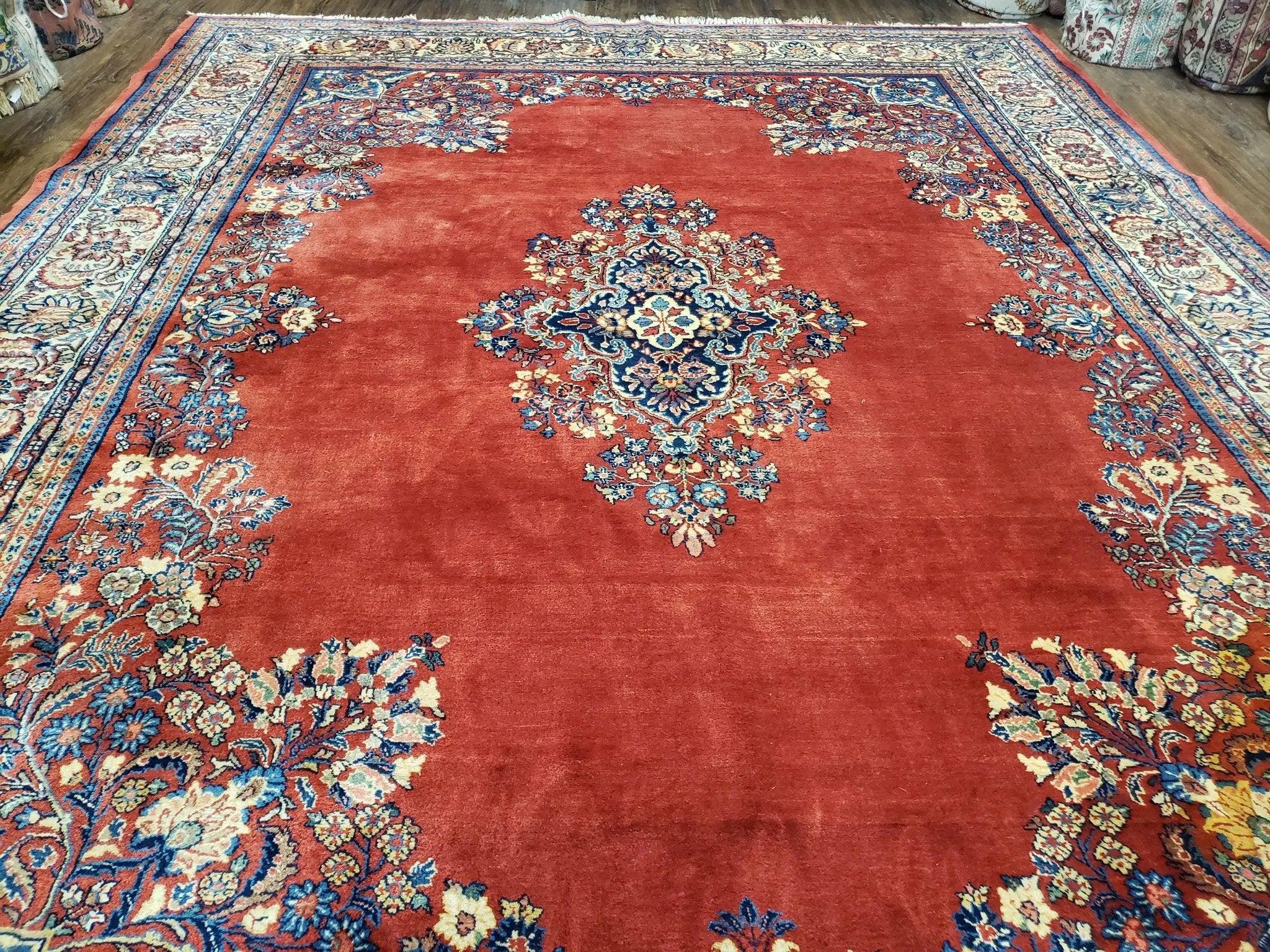 Semi Antique Persian Sarouk Rug 9x12, Semi Open Field with Central Medallion, Hand Knotted Wool, Tomato Red, 9 x 12 Authentic Oriental Carpet by Jewel Rugs