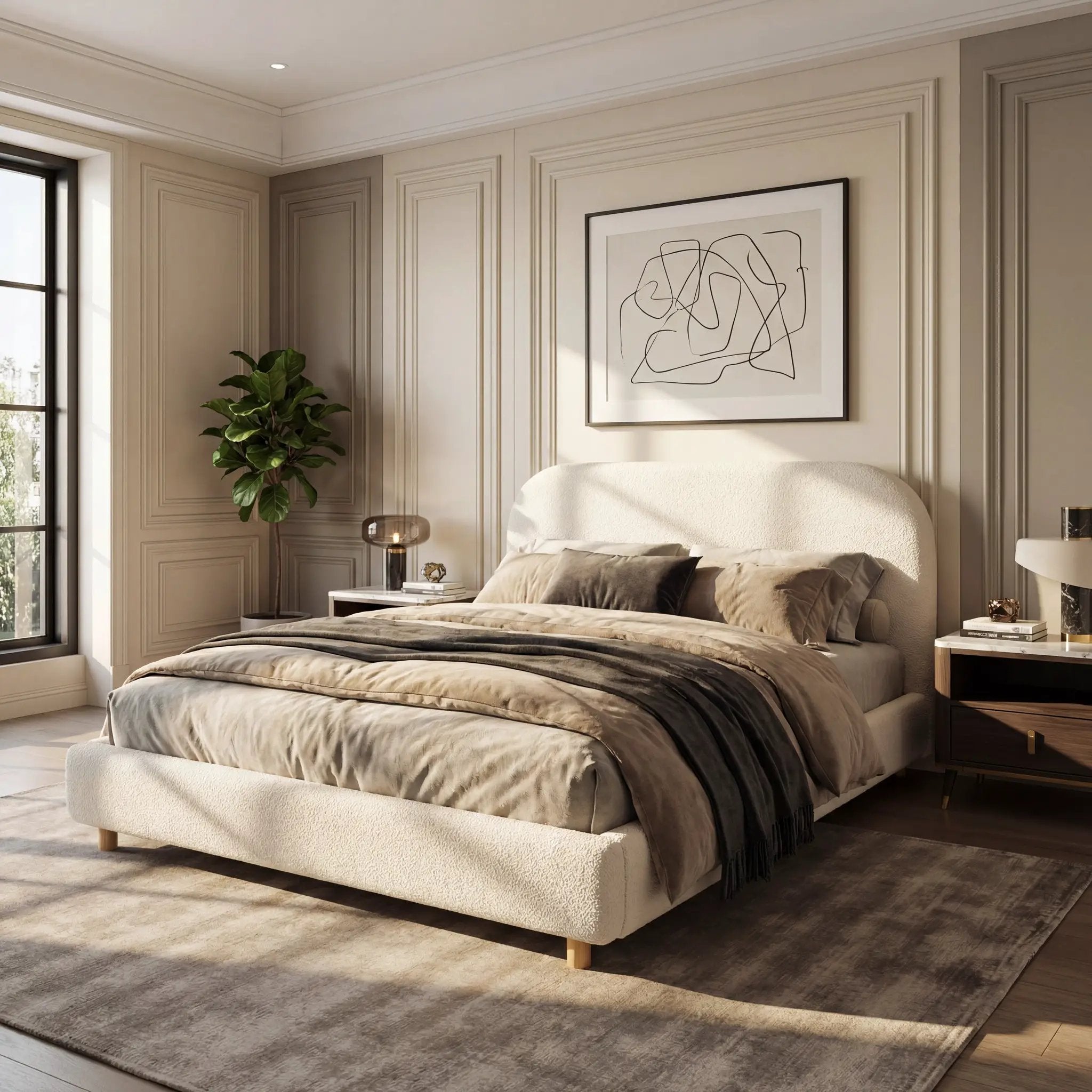 Queen Size Upholstered Bed With Boucle Fabric by HouseOfZazla