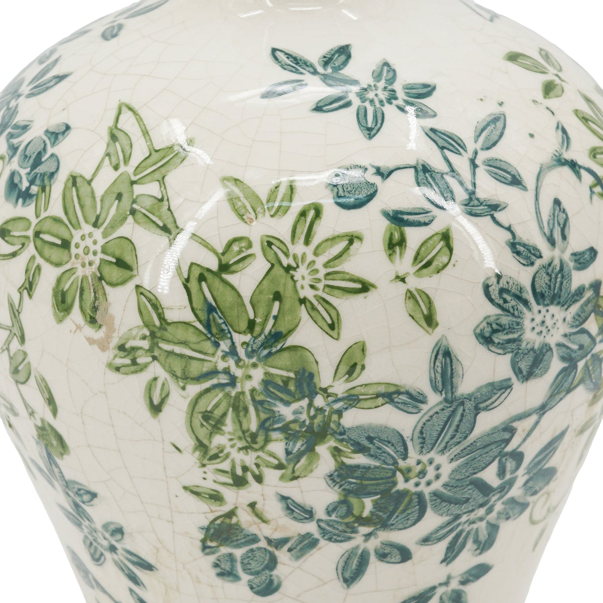 Set of 3 Floral Ceramic Vases with Crackled Ivory Finish - Green Floral Design, photo 6 of 8