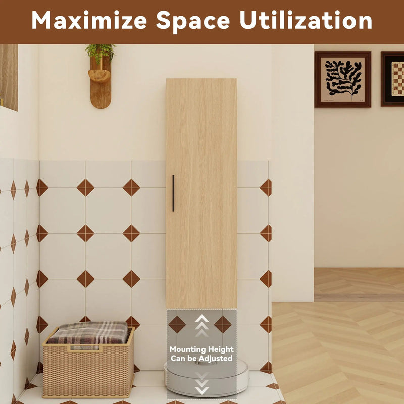 Tall Floating Bathroom Side Cabinet, Wall Mounted Single Door Storage - Light Oak by HouseOfZazla