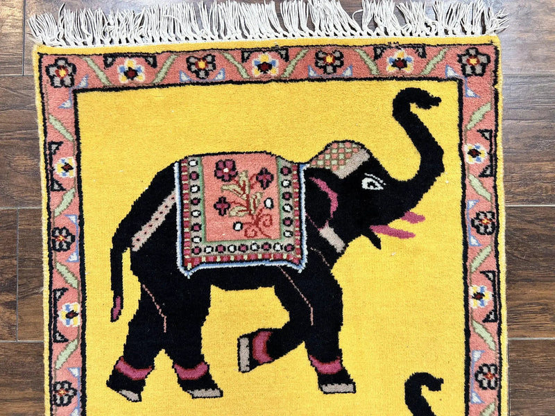 Unique Indian Pictorial Rug 2x3, Small Wool Hand Knotted Oriental Carpet, Yellow, Two Elephants, Handmade by Jewel Rugs