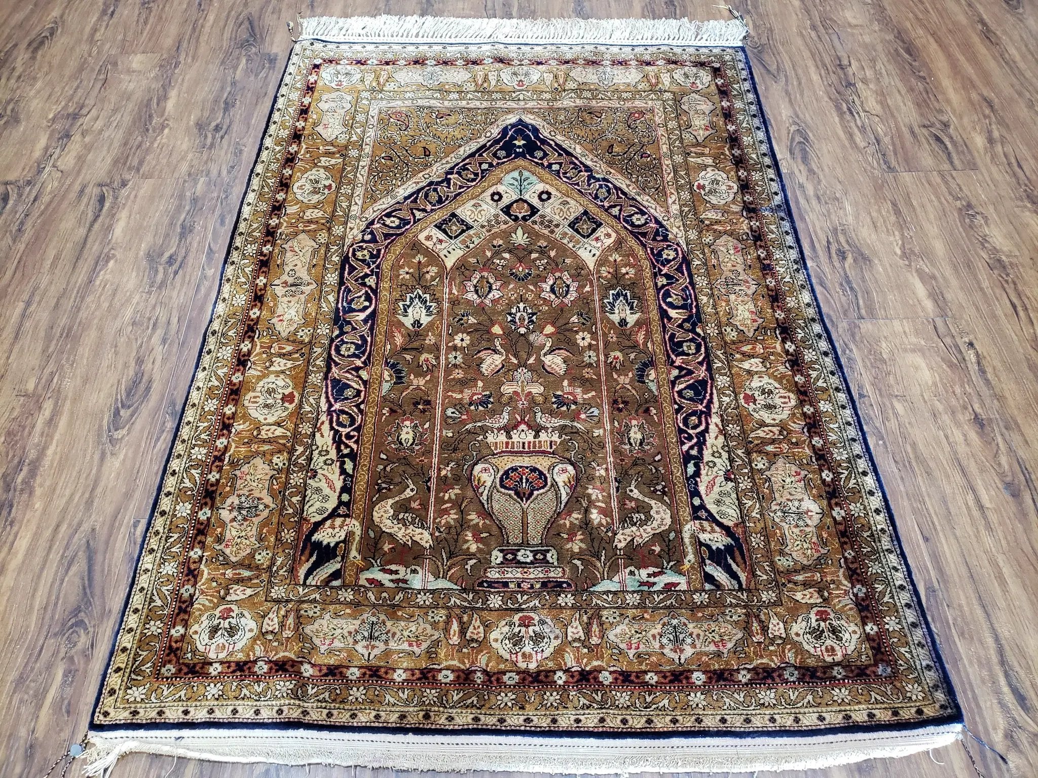 Semi Antique Persian Qum Silk Prayer Rug, Silk, Hand-Knotted, 3'6" x 5' by Jewel Rugs