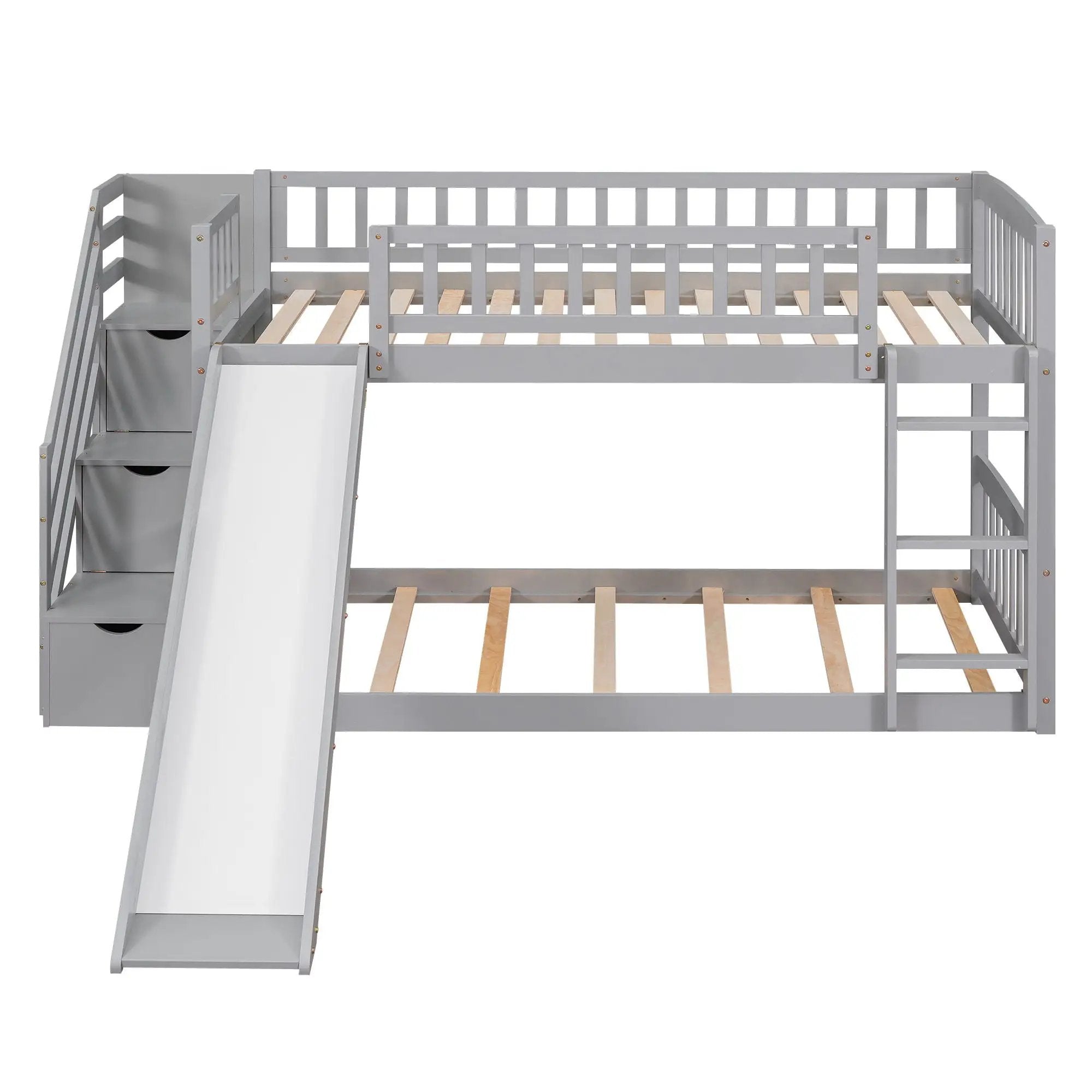 Twin Over Twin Bunk Stairway Bed With 2 Drawers And Slide - Gray by HouseOfZazla