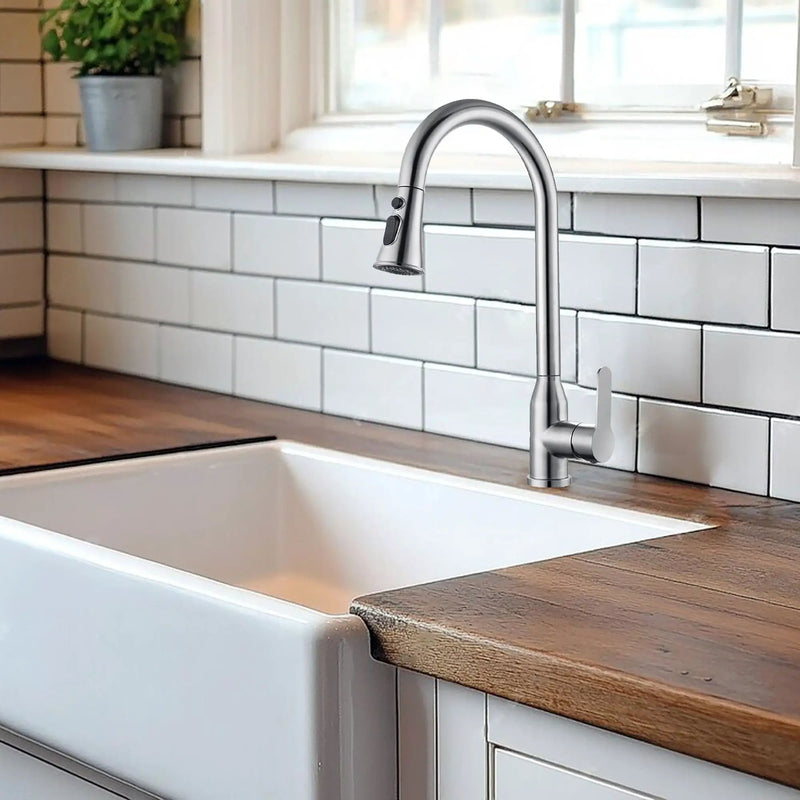 Stainless Steel High Arc Kitchen Faucet With Pull Down Sprayer - Brushed Nickel by HouseOfZazla