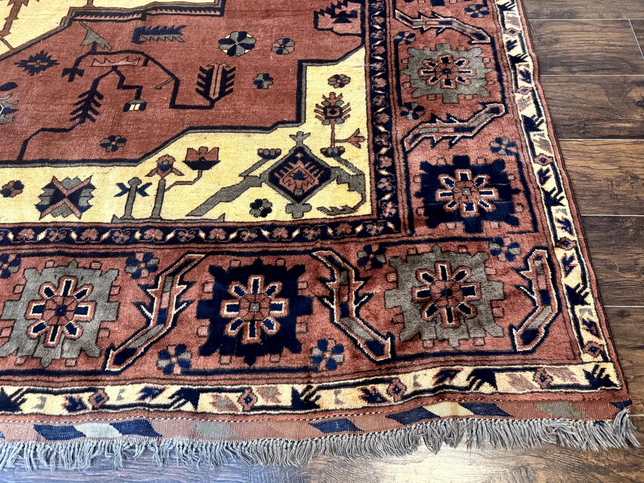Afghan Heriz Rug 9x12, Tribal Geometric Serapi Carpet, Rust Cream and Navy, Wool on Wool by Jewel Rugs