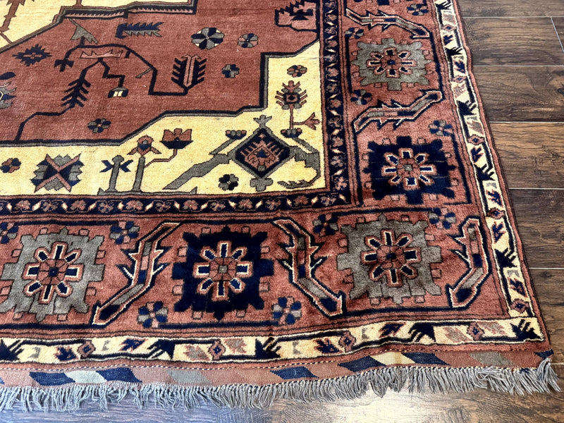 Afghan Heriz Rug 9x12, Tribal Geometric Serapi Carpet, Rust Cream and Navy, Wool on Wool by Jewel Rugs