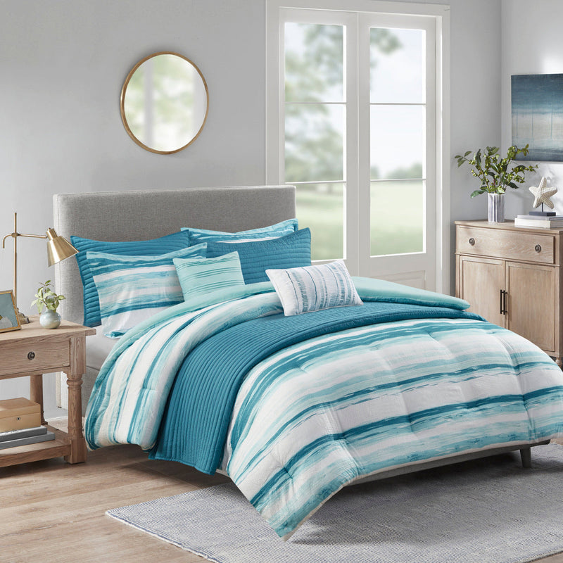 8 Piece Printed Seersucker Comforter and Quilt Set Collection Aqua Full/Queen by HouseOfZazla