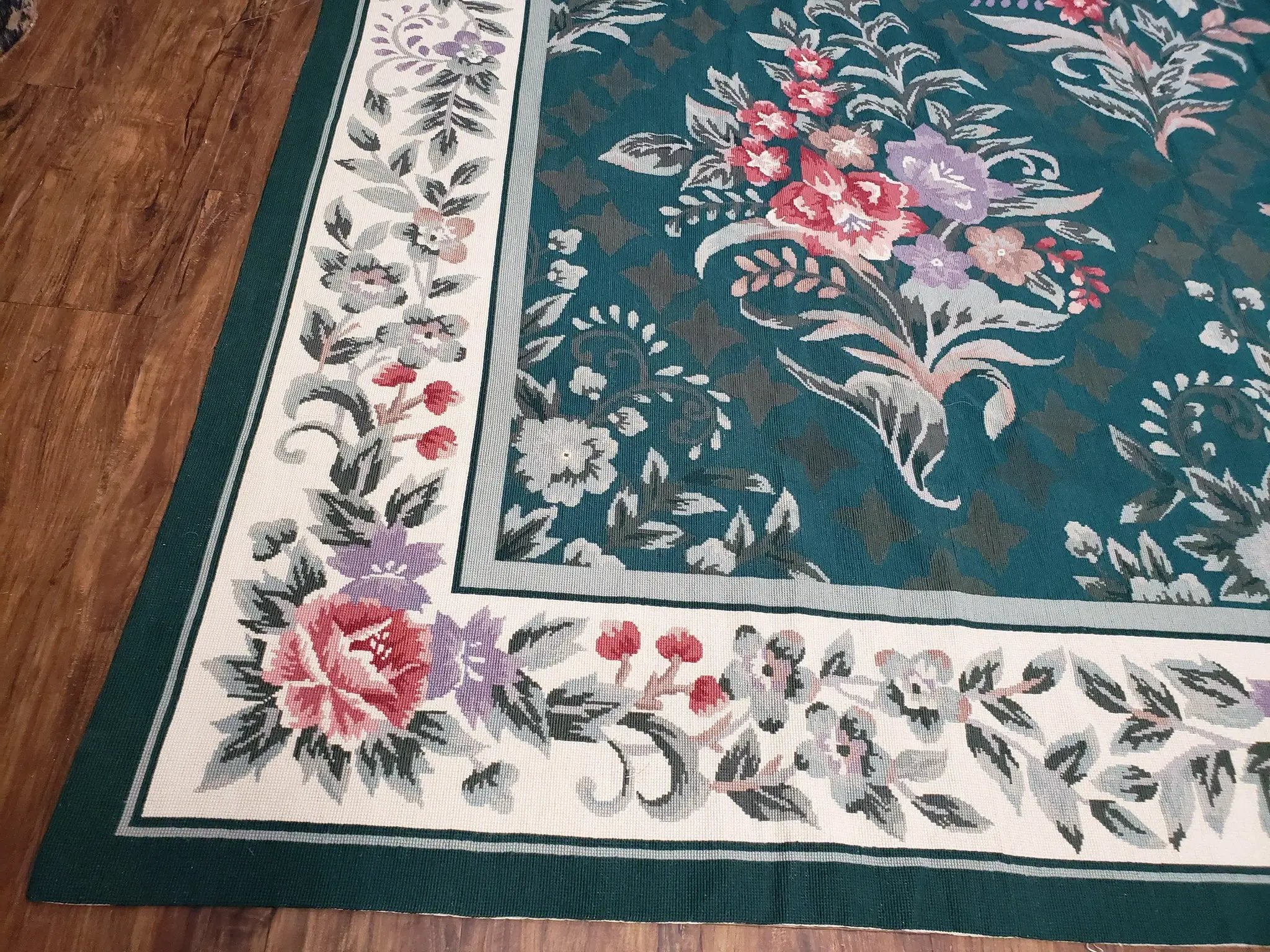 Chinese Needlepoint Rug 8x10, Vintage Green Area Rug, Hand-Woven Flatweave Floral European Design Carpet Wool Handmade 8x 10 Living Room Rug by Jewel Rugs
