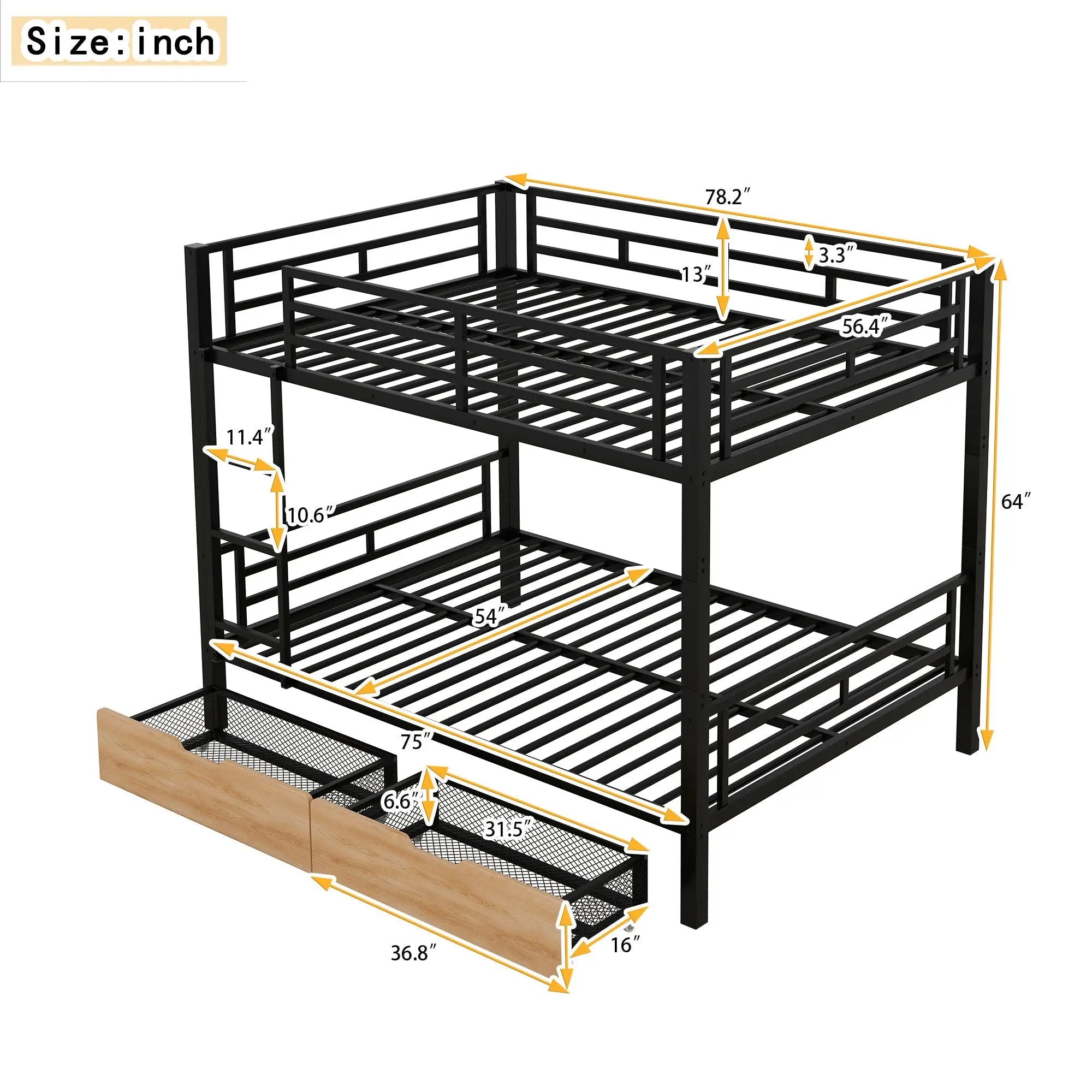Full Size Convertible Bunk Bed With 2 Drawers Durable - Black by Unique Piece Furniture