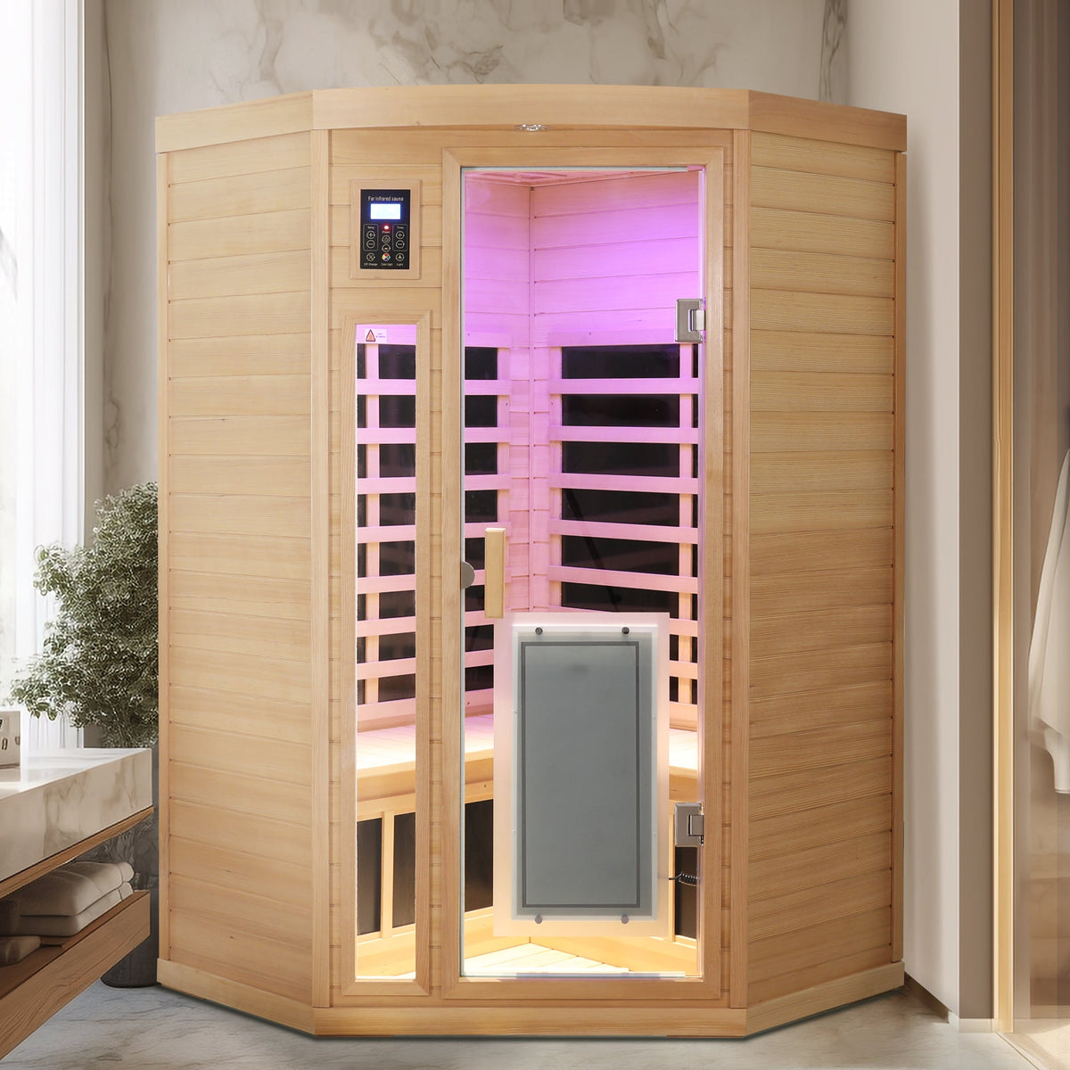 Hemlock Wood Far Infrared Two Person Sauna Room with Low EMF & Bluetooth - Natural Wood