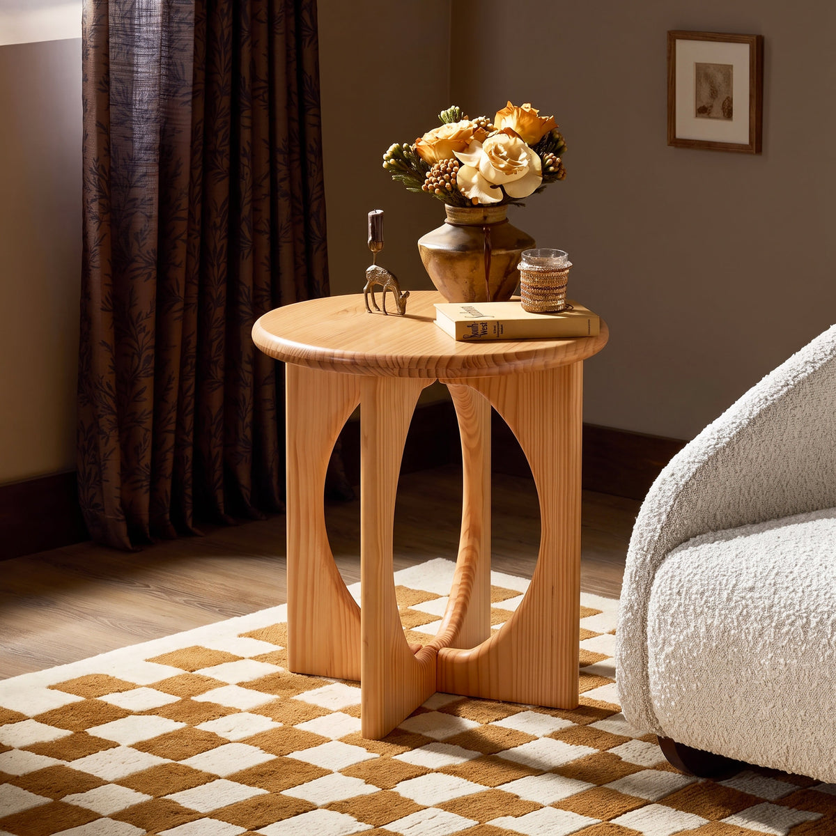 Natural Pine Wood Round End Table with Geometric Legs - Natural, photo 2 of 10