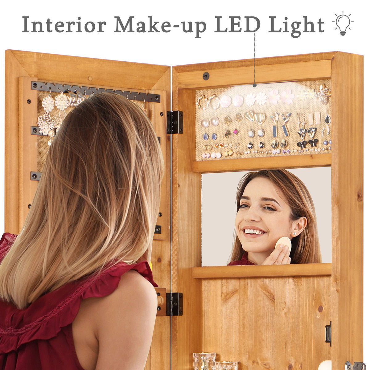 Jewelry Armoire Organizer with Full Length Mirror and LED Light - White, Dark Brown, Light Brown, photo 12 of 12