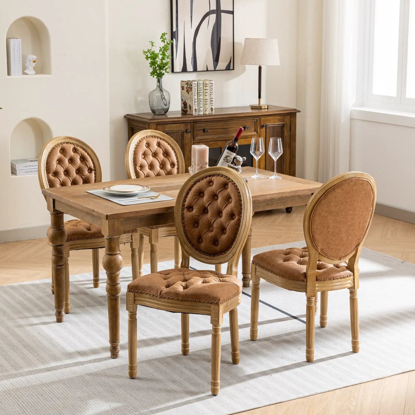 French Style Solid Wood Frame Antique Painting, Hand-Pulled Buckle Decoration Artificial Dining Chair With Nailhead Trim, Wood Legs by HouseOfZazla