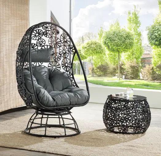 Hikre - Patio Lounge Chair & Side Table - Clear Glass, Charcoal Fabric & Black Wicker by Unique Piece Furniture