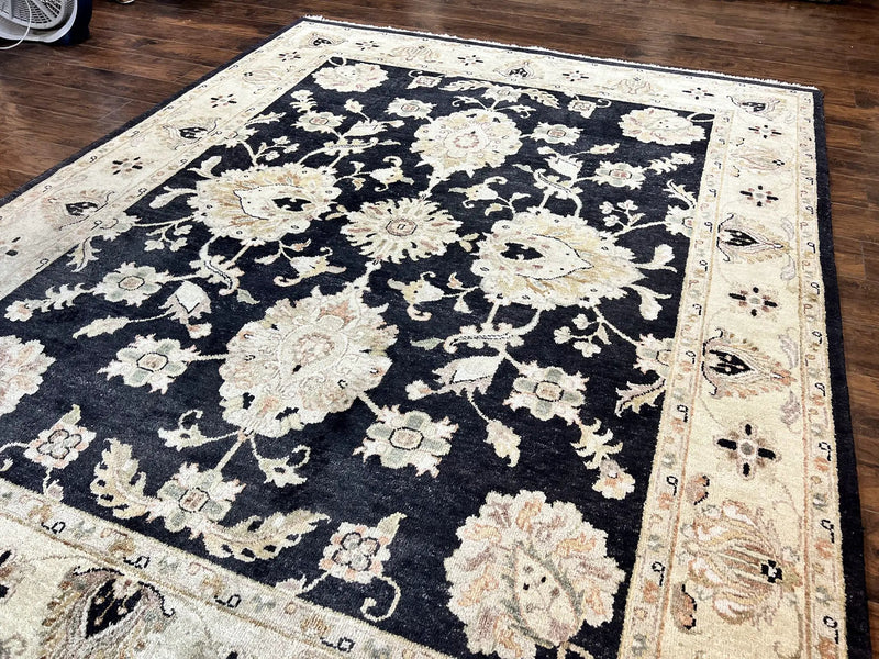 Indo Mahal Rug 8x10, Black and Beige, Vintage Rug 8 x 10 ft, Floral, Handmade Wool Carpet by Jewel Rugs