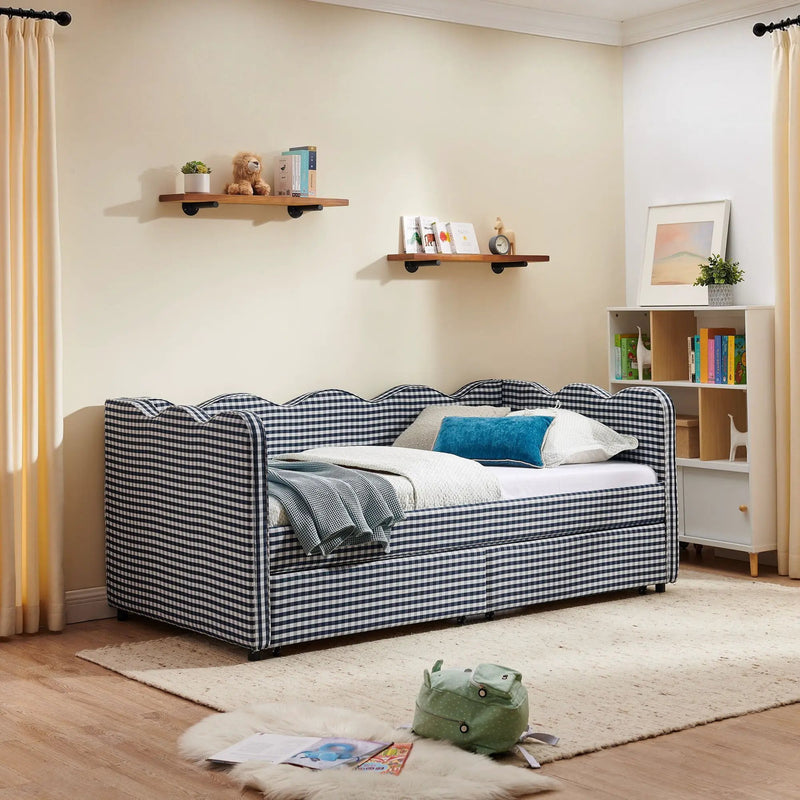 Gingham Daybed With USB Charging Port, Wave-Shaped Design by Unique Piece Furniture