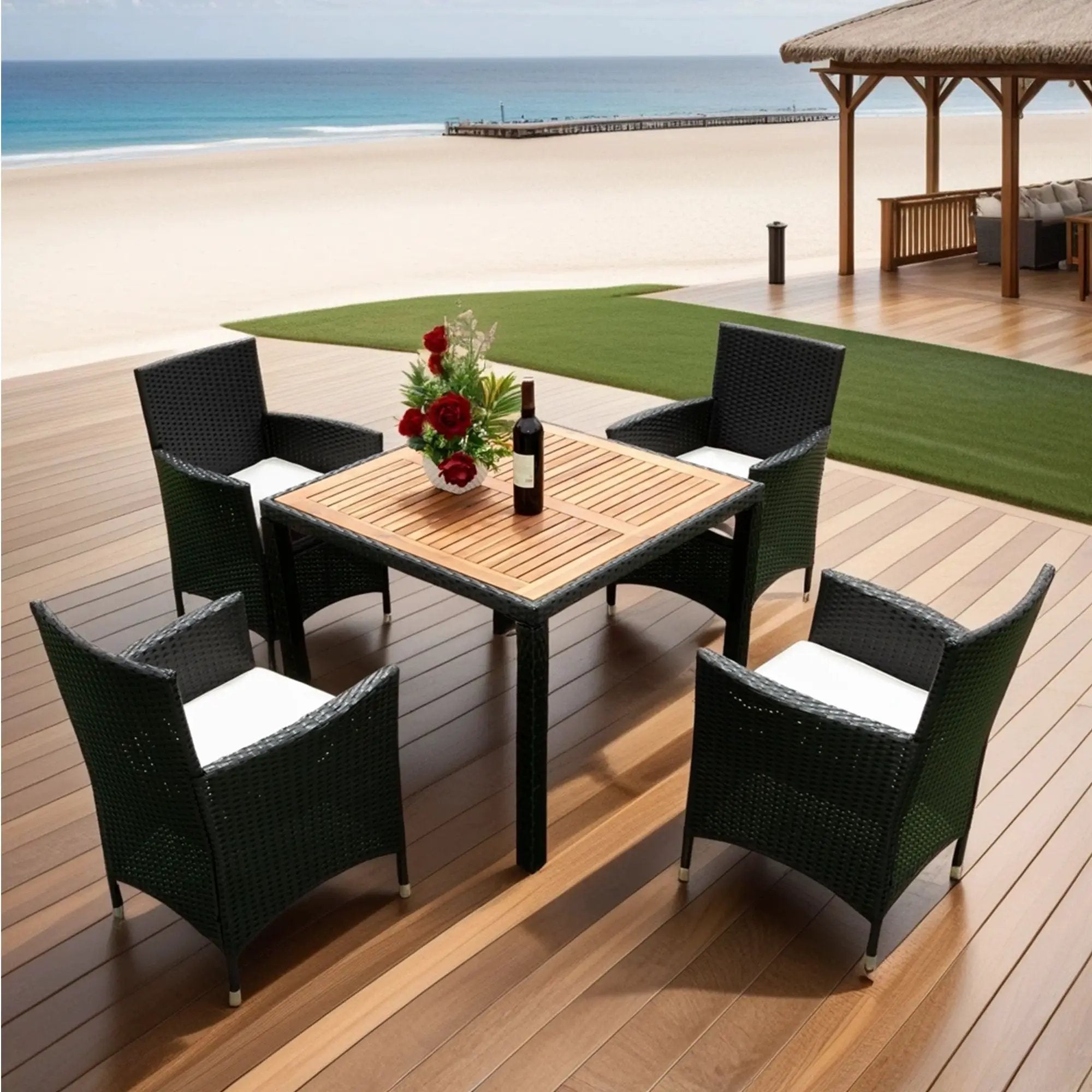 Outdoor Patio Wicker Dining Set With Acacia Wood Top by HouseOfZazla