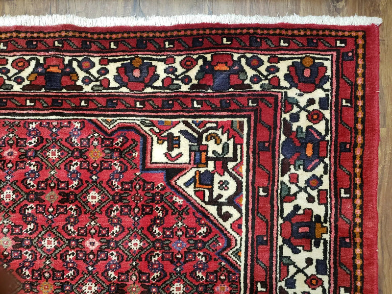 Vintage Persian Hamedan Rug 7x10, Angelas Mahi Pattern, Red, Wool, Hand-Knotted by Jewel Rugs