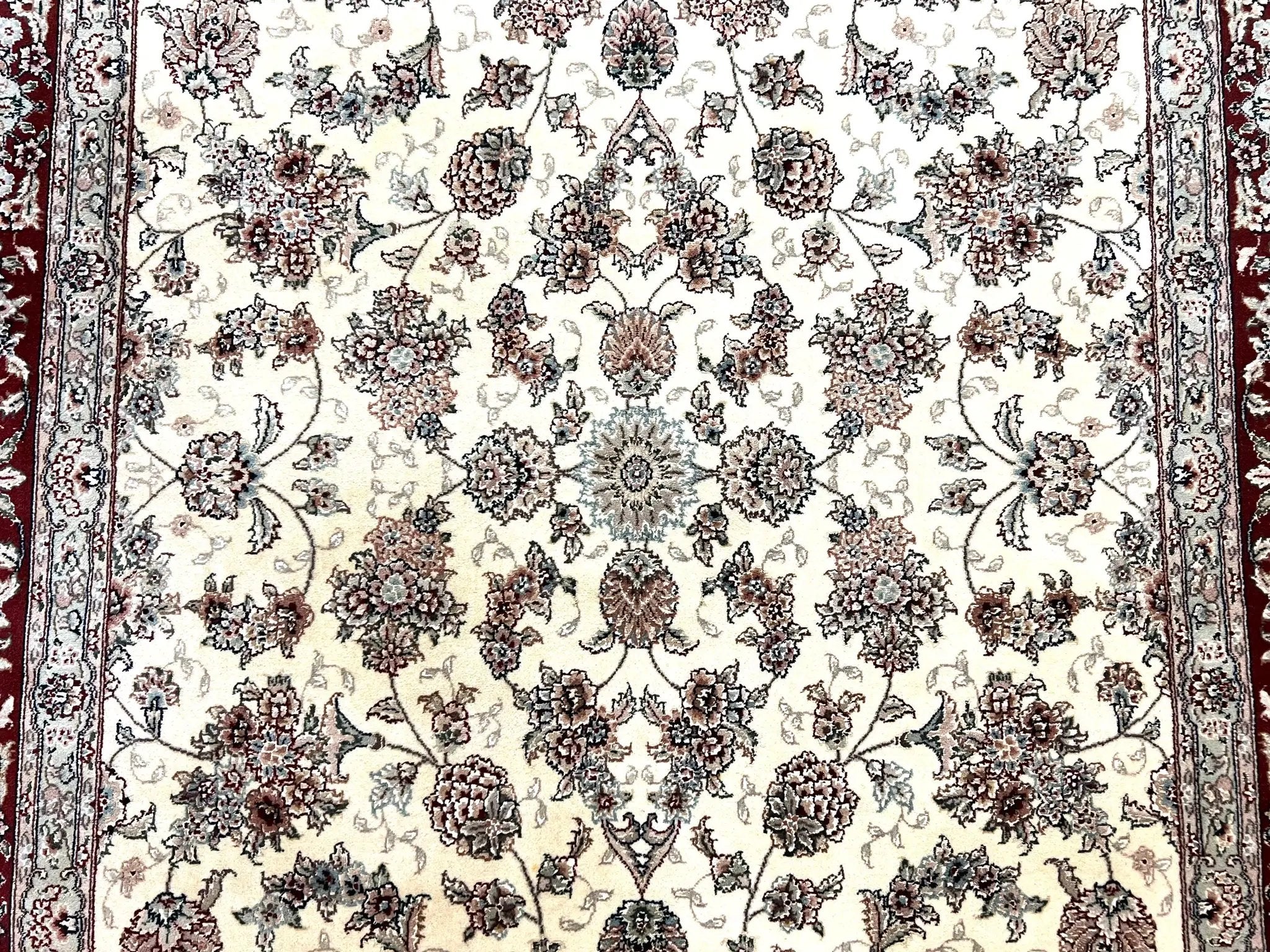 Pak Persian Rug 6x9, Floral Allover Carpet 6 x 9 ft, Cream and Maroon Hand Knotted Wool and Silk Fine Oriental Rug, Traditional Vintage Rug by Jewel Rugs