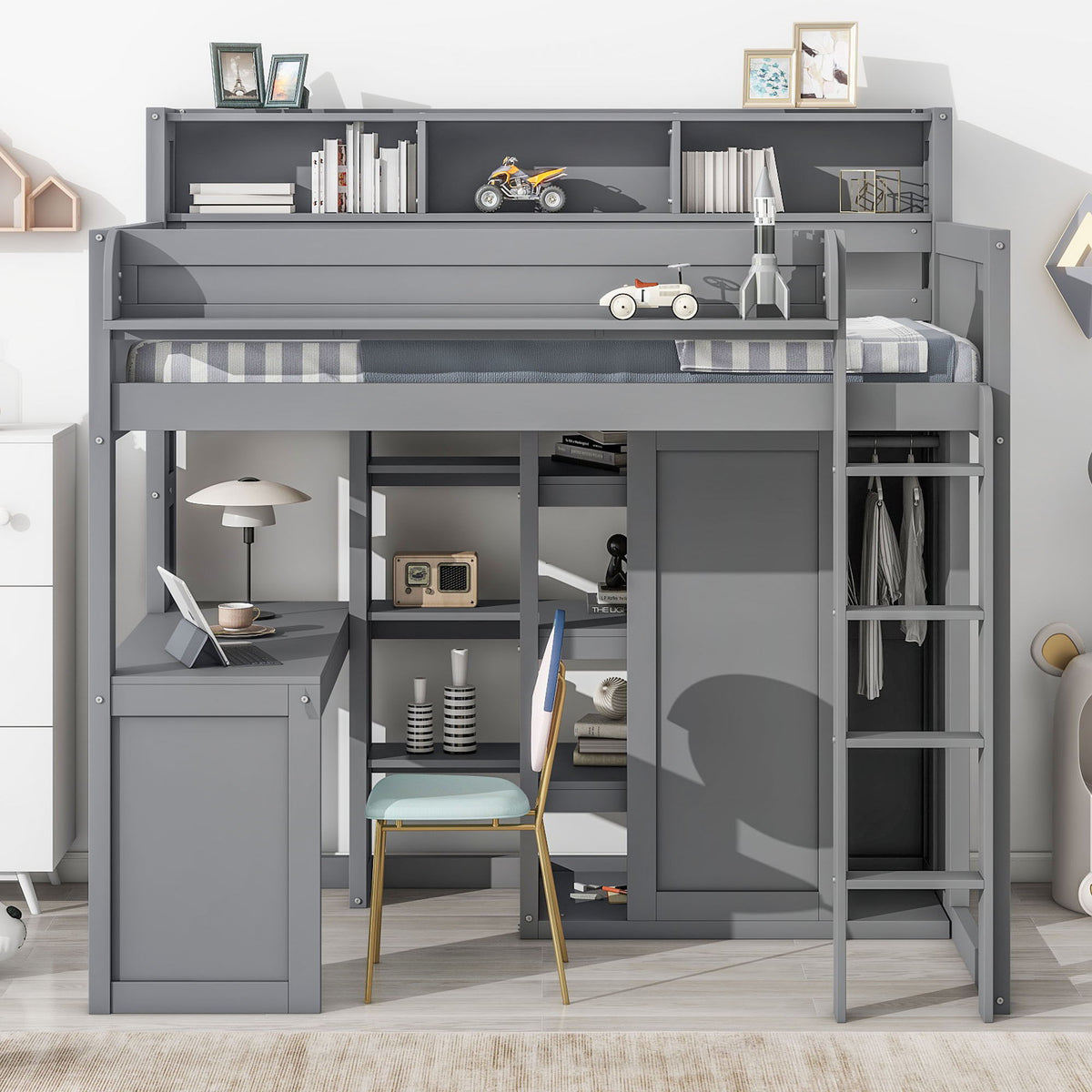 Twin Loft Bed with Built-In Desk, Storage Shelves & Wardrobe - Wood Frame, photo 24 of 26