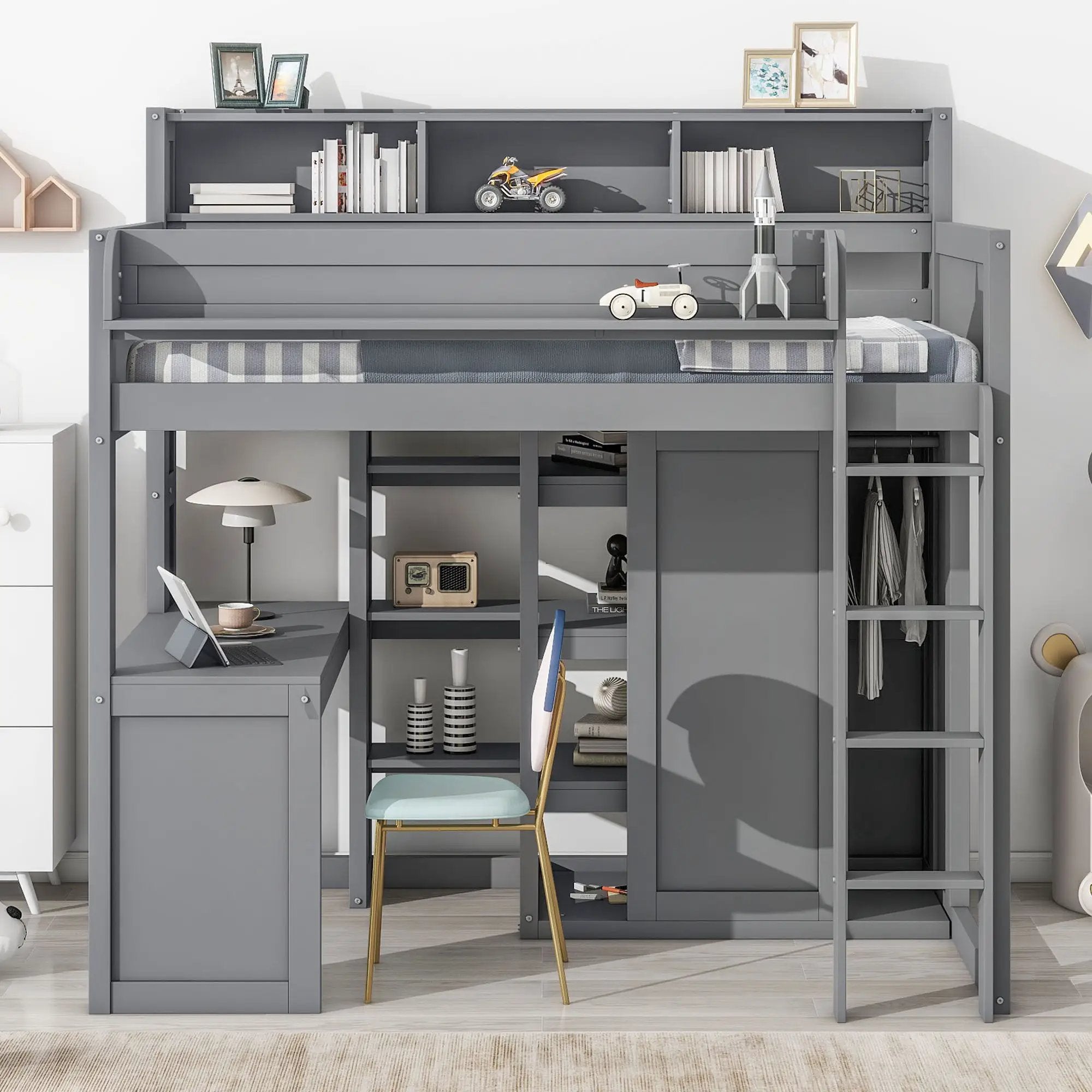 Loft Bed With Built In Desk, Storage Shelves, And Wardrobe by Unique Piece Furniture