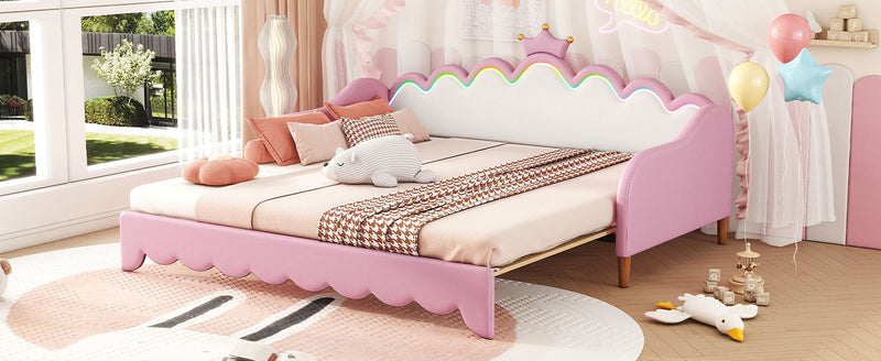 Extending Daybed With LED Lights, Modern Upholstered Princess Daybed With Crown Headboard by HouseOfZazla