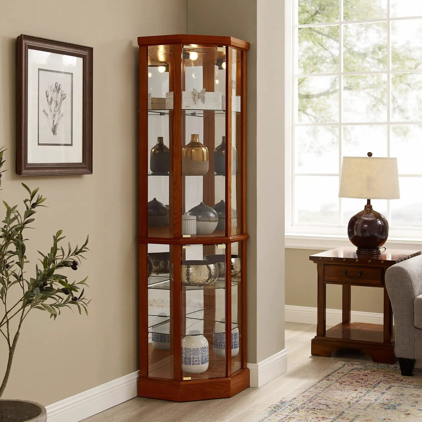 6 Shelf Lighted Corner Curio Cabinet With Adjustable Tempered Glass Shelves And Mirror Back (E26 Light Bulb Not Included) by HouseOfZazla