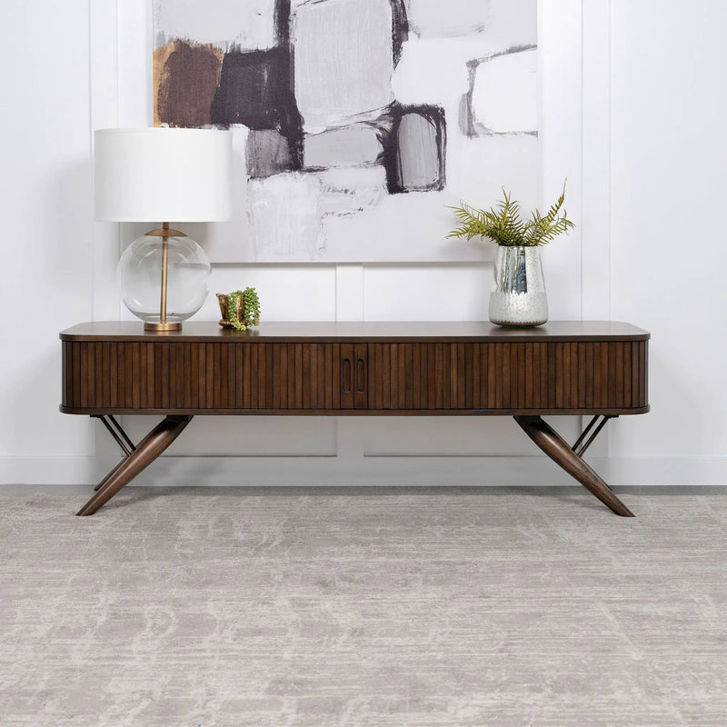 Valna Wood 71-inch TV Stand with Sliding Doors Walnut by Unique Piece Furniture