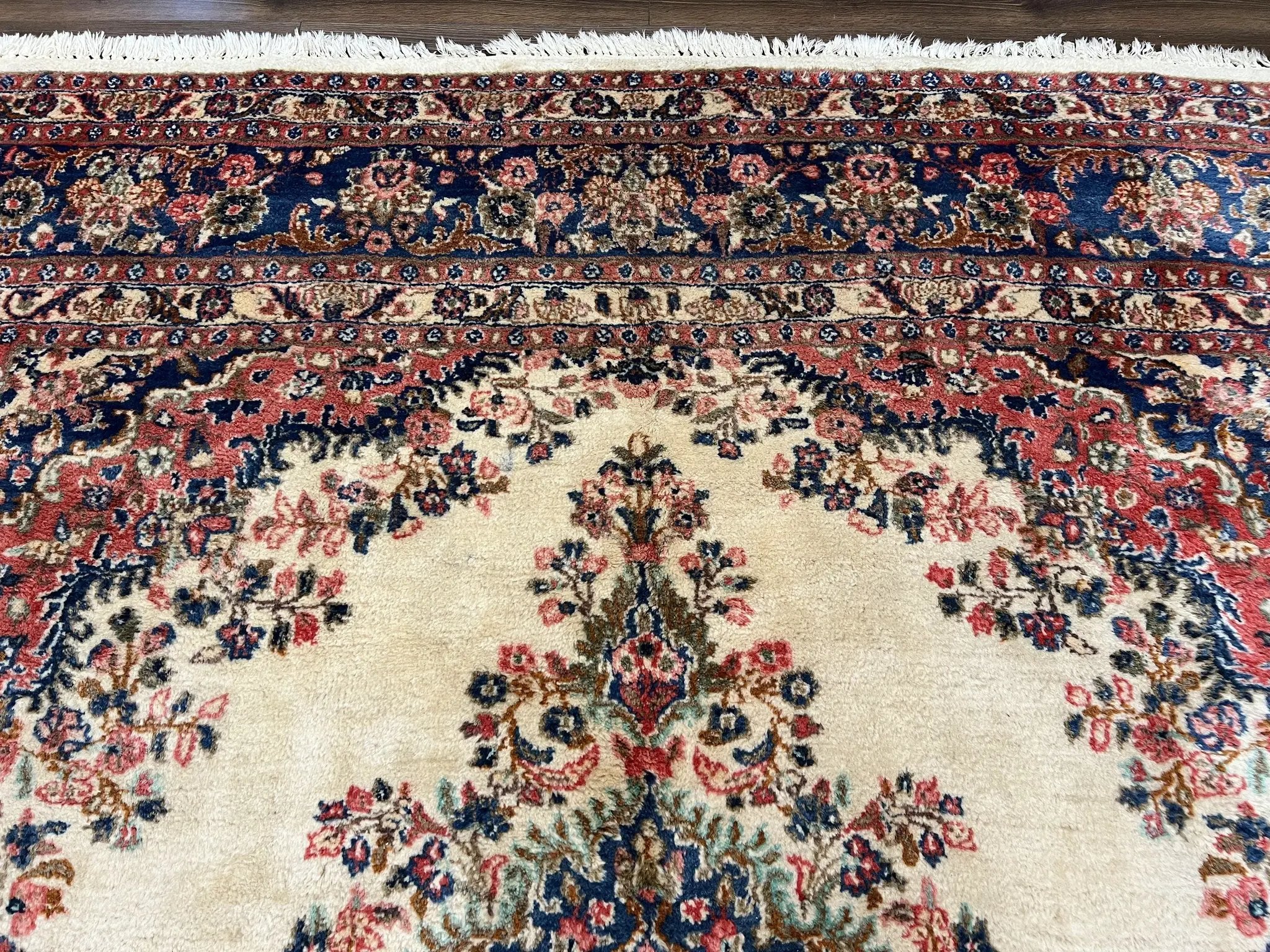 Persian Rug 9x10, Hamadan Rug, Antique Oriental Carpet, Wool Rug, Semi Open Field, Cream and Navy Blue, Kirman Design Hand Knotted Almost Square Rug by Jewel Rugs