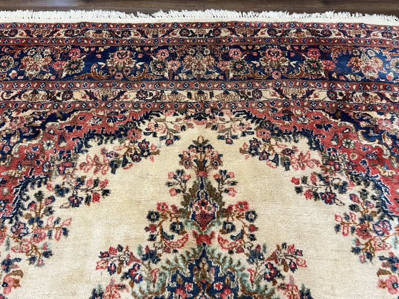 Persian Rug 9x10, Hamadan Rug, Antique Oriental Carpet, Wool Rug, Semi Open Field, Cream and Navy Blue, Kirman Design Hand Knotted Almost Square Rug by Jewel Rugs