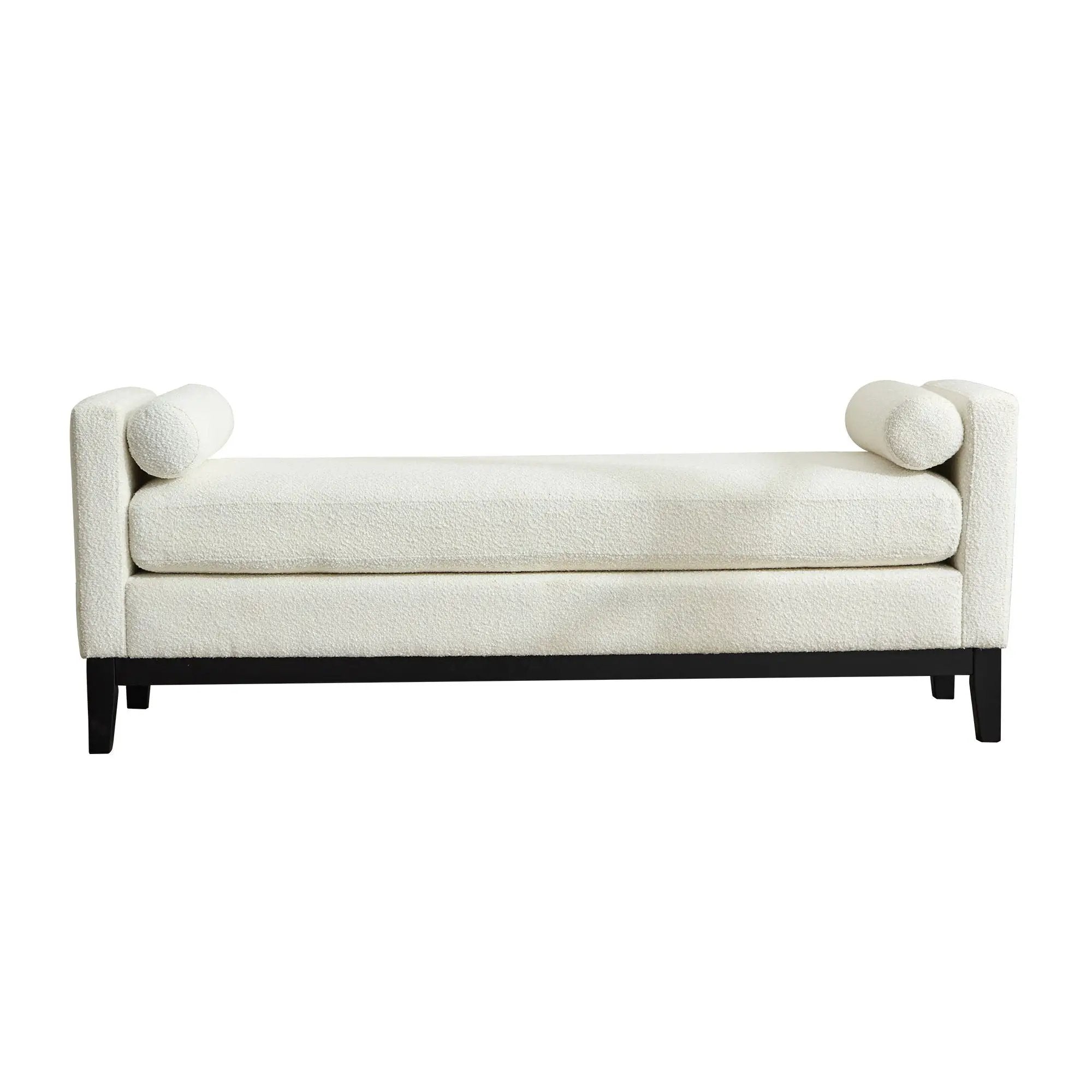 Elegant Upholstered Bench, Daybed, Ottoman With Wood Legs & Bolster Pillows - Ivory Boucle by HouseOfZazla