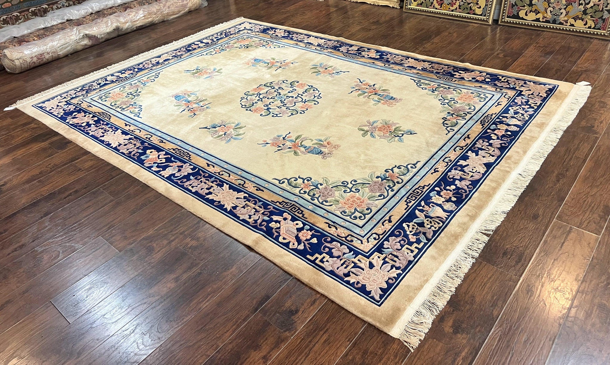 Chinese Wool Rug 8x11, Peking Asian Oriental Carpet, Cream/Ivory and Blue, Vintage Handmade Rug, Art Deco Rug by Jewel Rugs