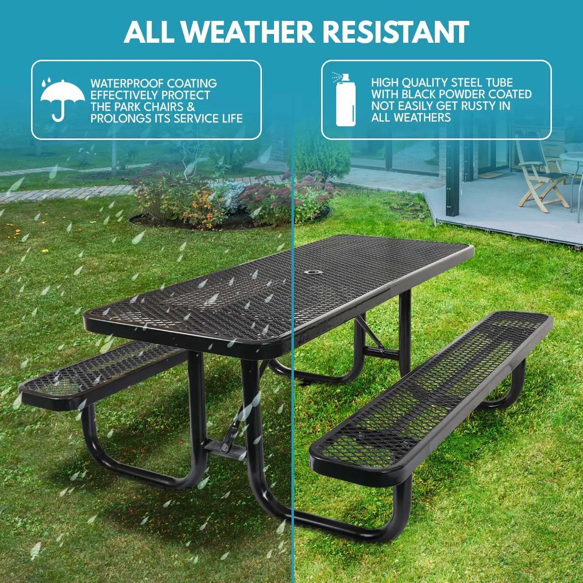 Outdoor Steel Picnic Rectangular Table With Umbrella Pole by Unique Piece Furniture
