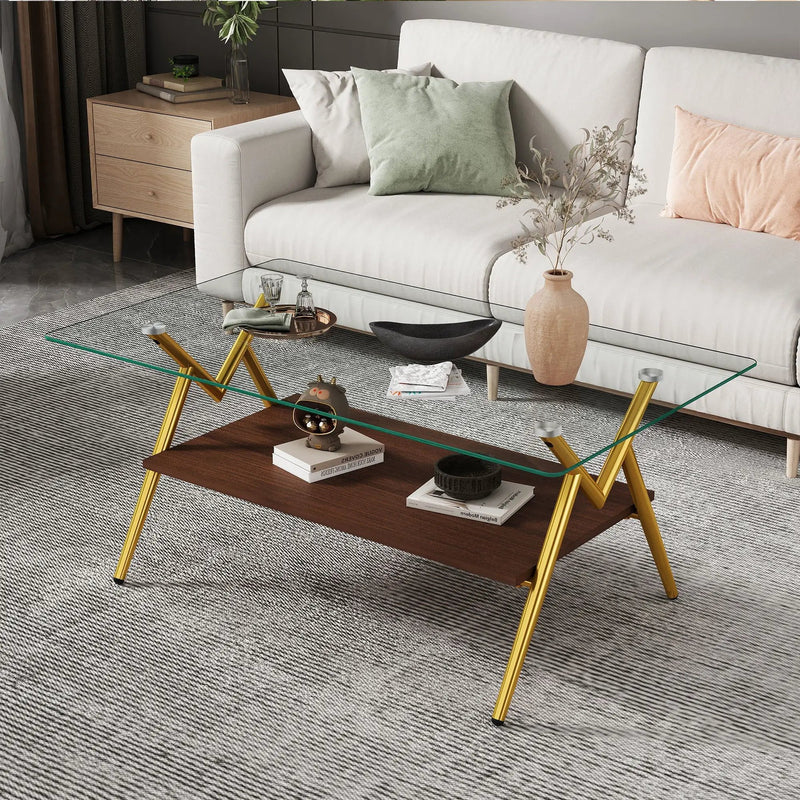 Rectangle Coffee Table With Tempered Glass Top And Shelf by Unique Piece Furniture