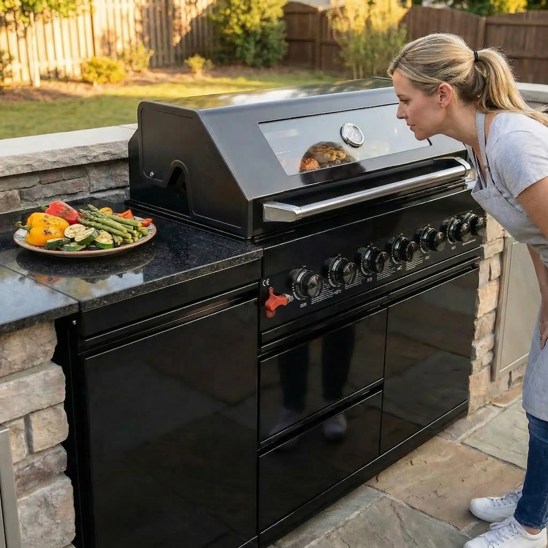 Black 6-Burner 85000 BTU Deluxe Stainless Steel Propane Gas Outdoor Kitchen Barbecue Island Grill with Marble by HouseOfZazla