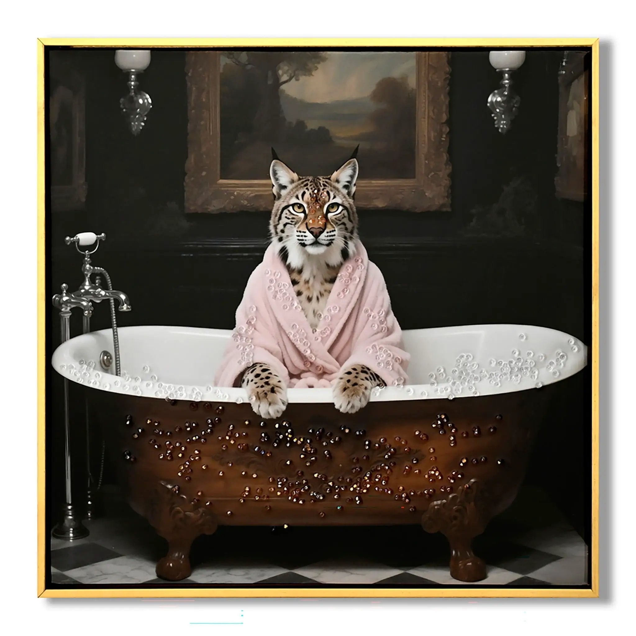 Tiger In Bathtub Wall Art Print Poster, Bathroom Decor Posters Prints For Restroom - Pink / White by Unique Piece Furniture