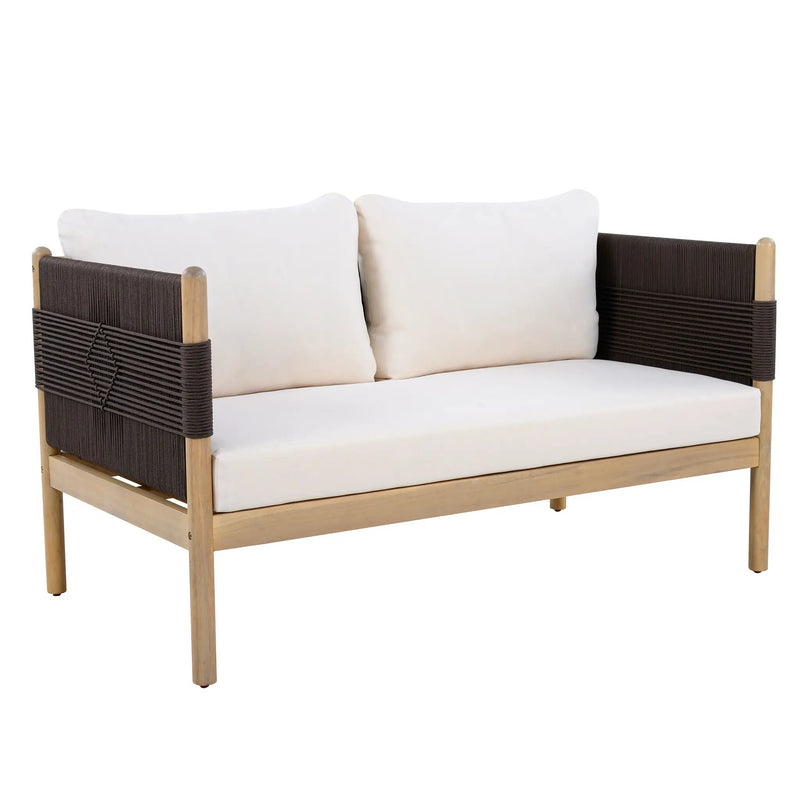 Outdoor Acacia Wood Loveseat with Diamond Rope Weave & Cushions, Light Teak by HouseOfZazla