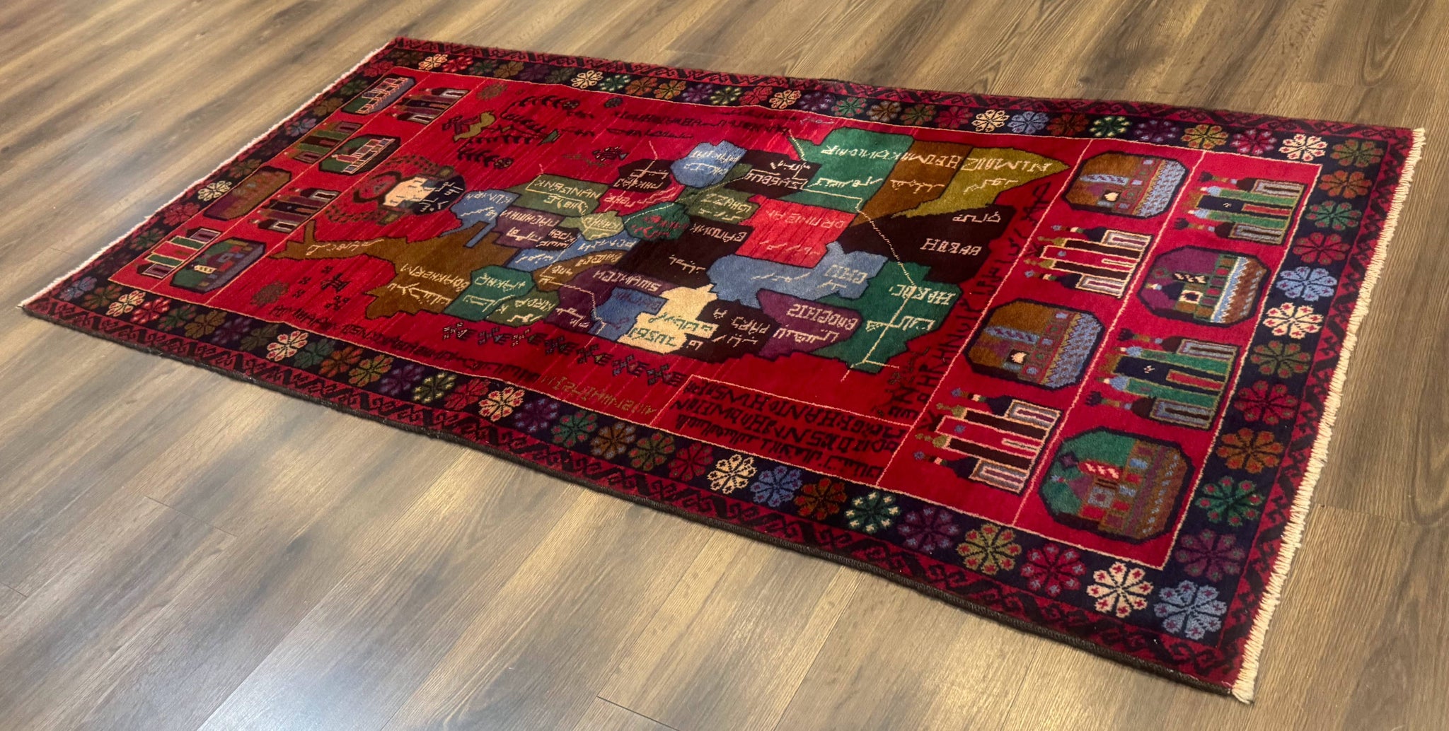 Afghan Rug 3x7, Map of Afghanistan, War Rug, Tribal Rug, Balouch Rug, New, Red by Jewel Rugs