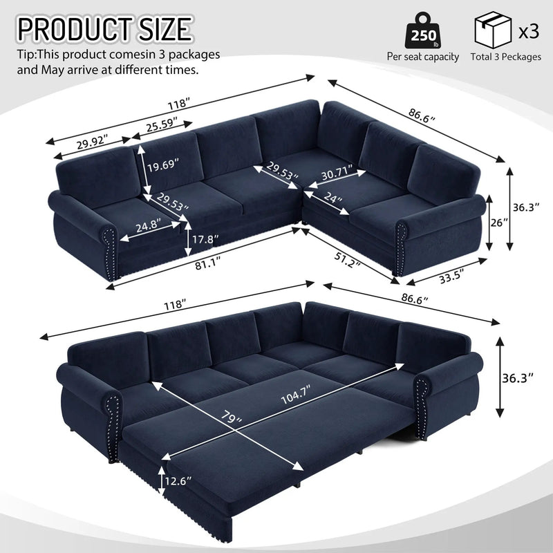 118" L-Shaped Convertible Sleeper Sofa by HouseOfZazla