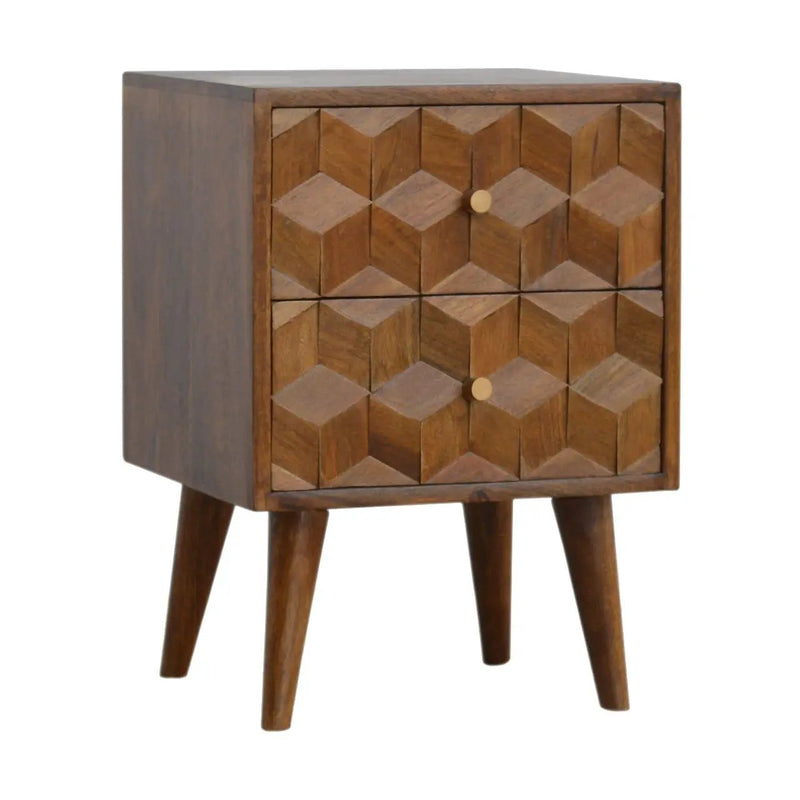 Cube Carved Bedside Table Nightstand - Chestnut by HouseOfZazla