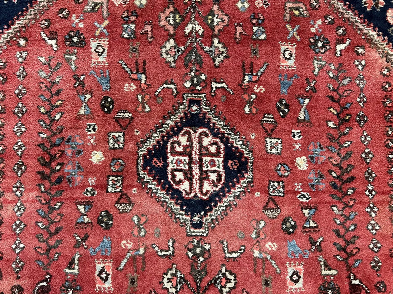 Persian Tribal Rug 3.6 x 5 ft, Persian Abadeh Rug, Geometric Medallion Bird Motifs, Red and Navy Blue Hand Knotted Handmade Wool Vintage Oriental Carpet by Jewel Rugs
