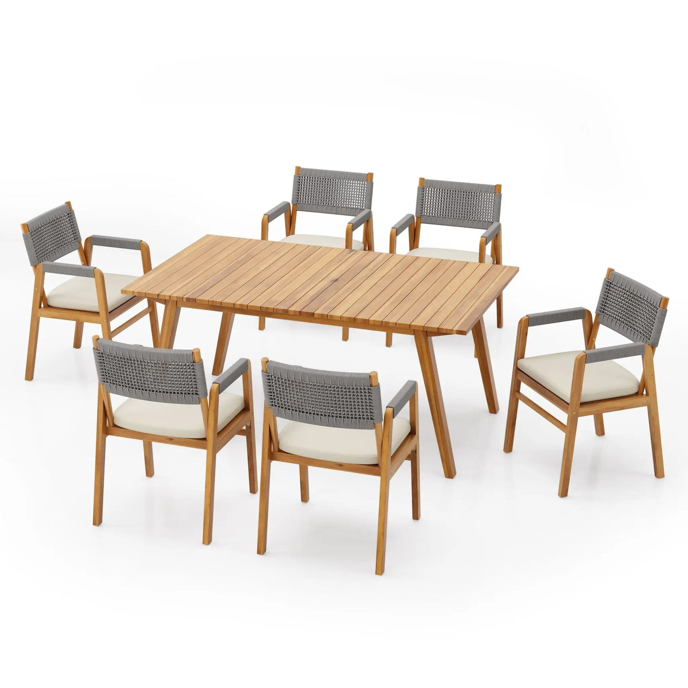 Outdoor 7 Pieces Patio Slat Design Acacia Upholstered Dining Set by HouseOfZazla