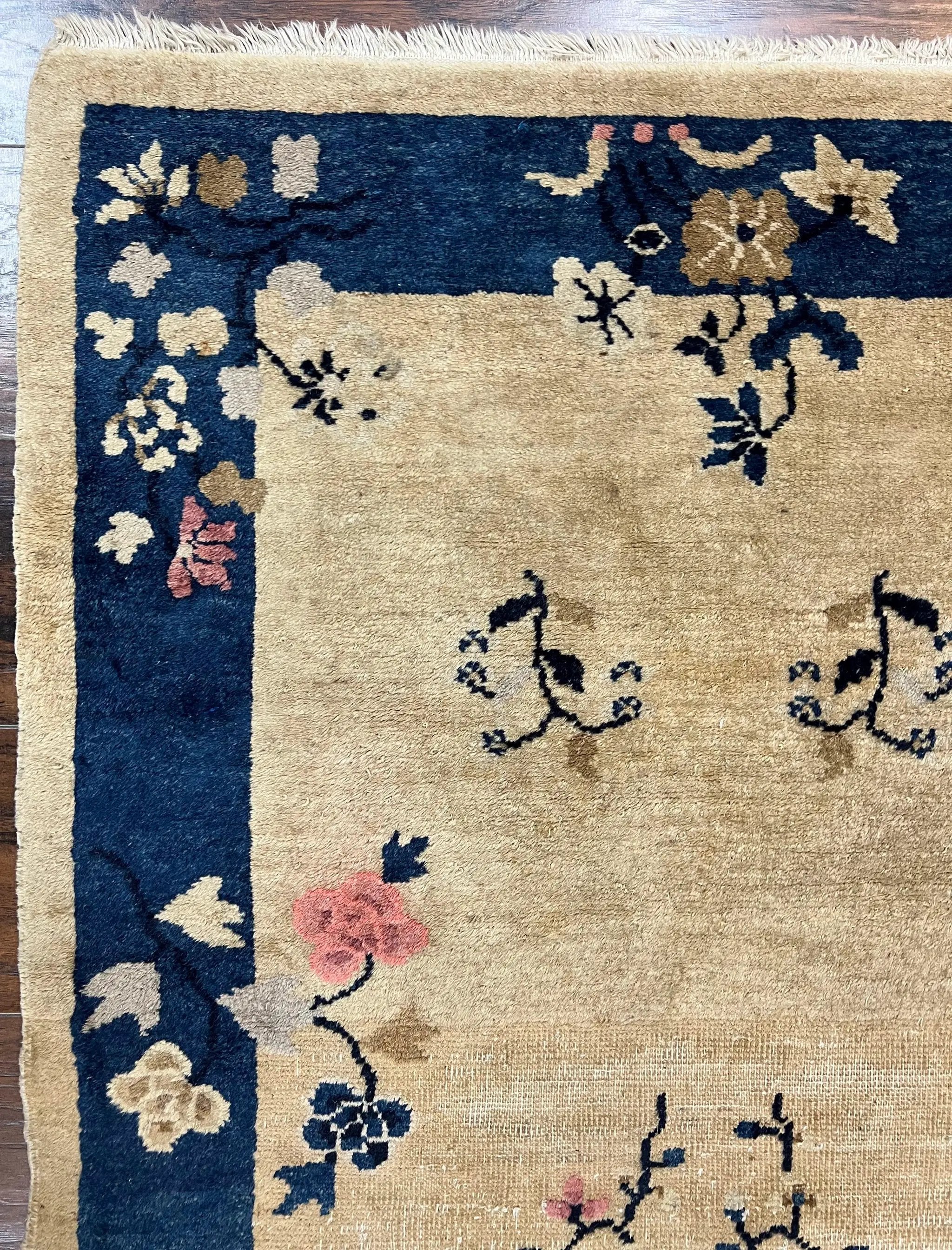 Antique Chinese Peking Rug 3x6, Beige and Dark Blue Hand Knotted Handmade Asian Oriental Carpet, Floral Vases, Vintage Wool Art Deco Rug by Jewel Rugs