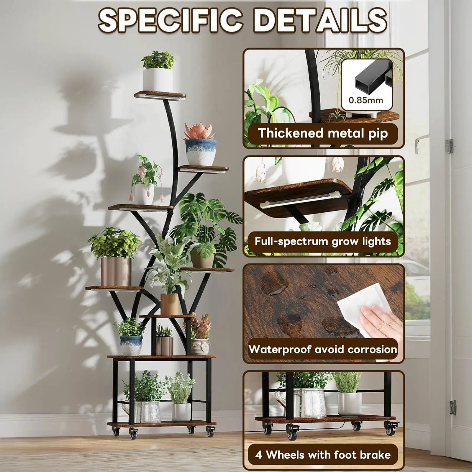 Plant Stand Indoor With Grow Light, 8 Tiered Tall Indoor Plant Shelves For Multiple Plants - Walnut / Black by HouseOfZazla