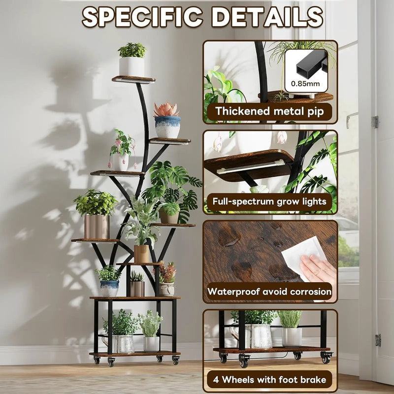 Plant Stand Indoor With Grow Light, 8 Tiered Tall Indoor Plant Shelves For Multiple Plants - Walnut / Black by HouseOfZazla