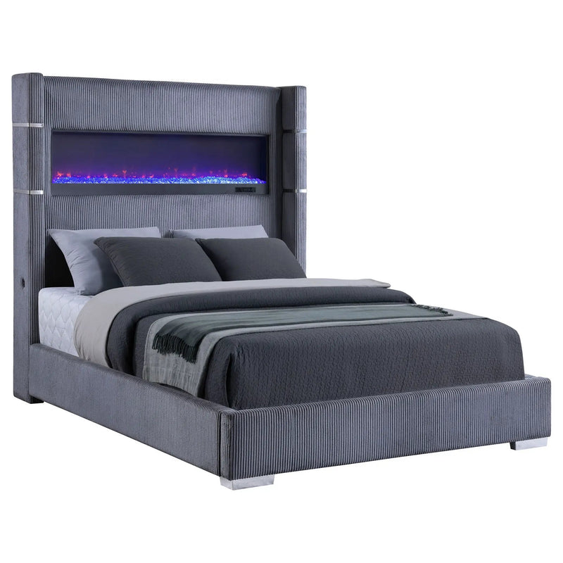 Tisdall Upholstered Queen Flame Visualizer Bed Grey by Unique Piece Furniture